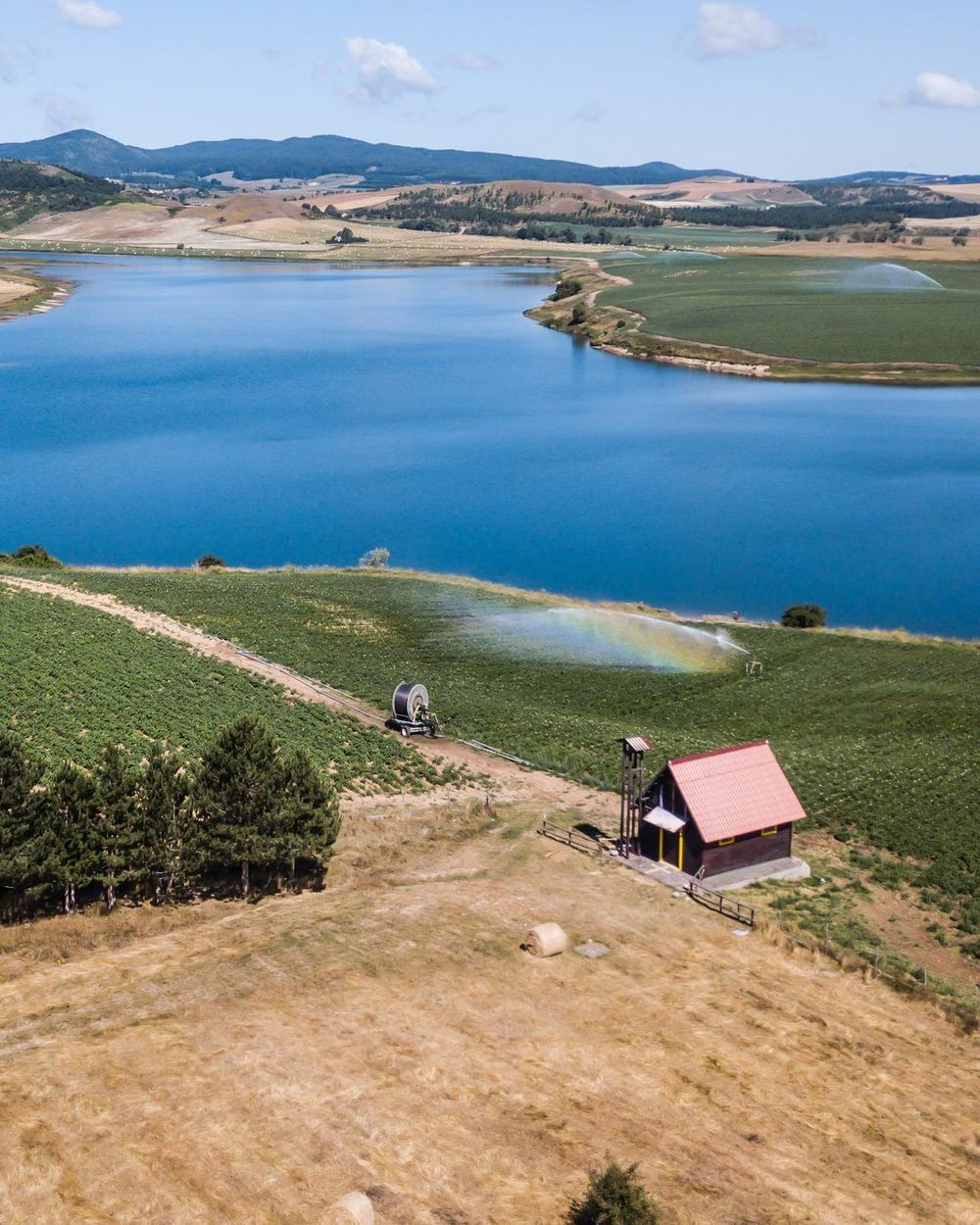 Il Lago Cecita d'estate visto dall'alto, tra i campi di patate della Sila
